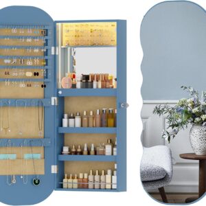 HNEBC LED Mirror Jewelry Cabinet,Wall or Door Mounted Jewelry Armoire Organizer with Lights,Lockable Wide Wavy Mirror with Storage,42.5″ L Full Length Mirror with Jewelry Storage,Interior Mirror