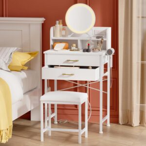Fixwal White Small Vanity Desk Set with Lighted Mirror and Chair, Makeup Dresser with 2 Fabric Drawers, Power Outlet, Compact Table with Cushioned Stool for Bedroom Small Space