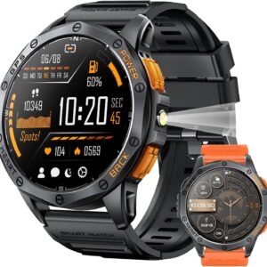 Military Smart Watches Built-in GPS, 170+ Sport Modes for Men with Flashlight, Smartwatch for Android Phones and iPhone, 1.43″ AMOLED Screen Bluetooth Call Compass Altimeter (Black & Orange (2 Bands))