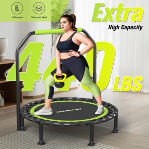 Foldable Mini Trampoline, 40″/48″ Rebounder Trampoline for Adults & Kids, 450lbs Capacity with U-Shaped Adjustable Bar, Indoor Fitness Workout Exercise Equipment