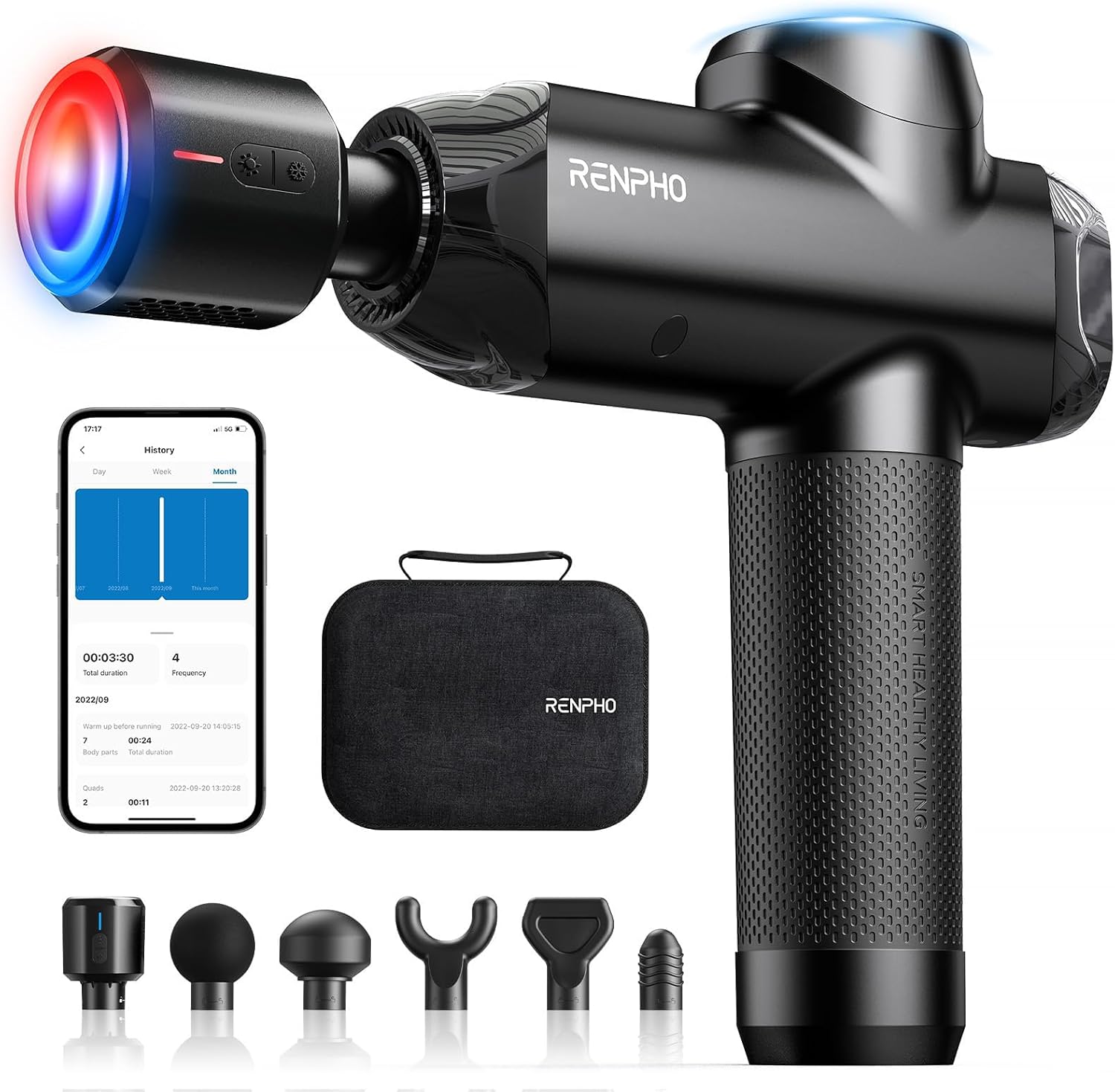 RENPHO Massage Gun Deep Tissue with Heat and Cold, Percussion Muscle Massage Gun Bluetooth with 12mm Amplitude, Handheld Massager Gun, Power+ Thermacool