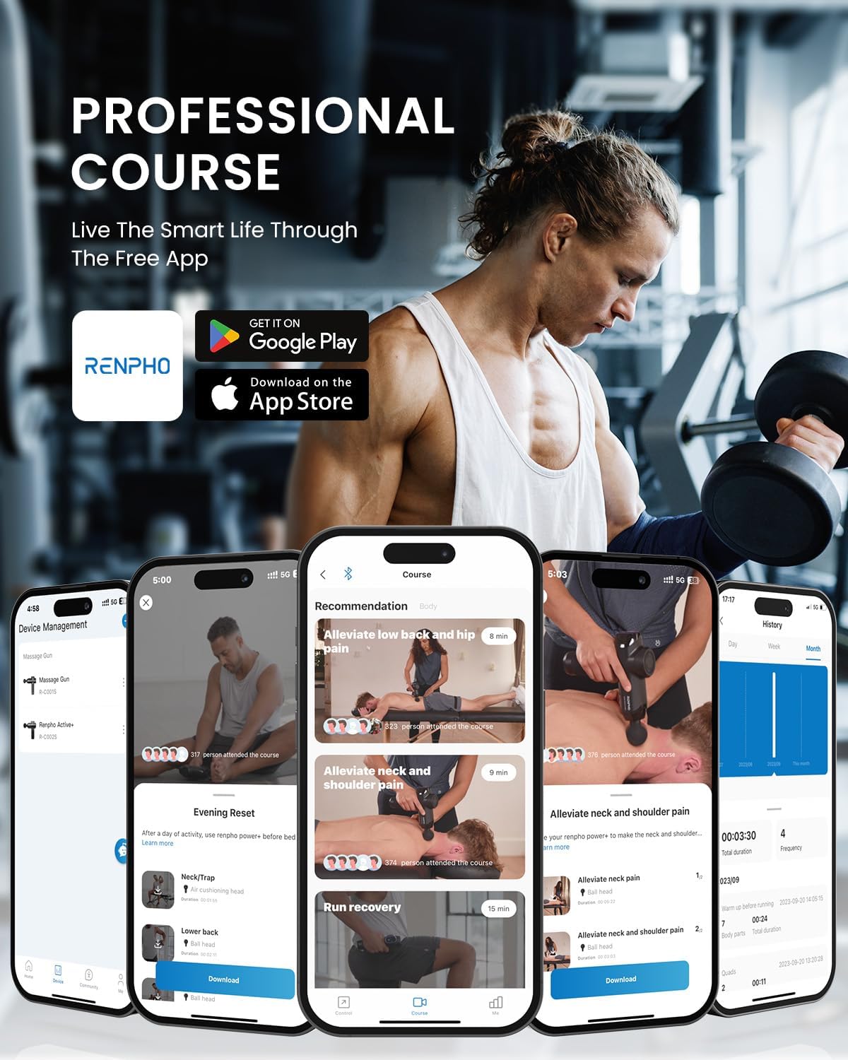 RENPHO Massage Gun Deep Tissue with Heat and Cold, Percussion Muscle Massage Gun Bluetooth with 12mm Amplitude, Handheld Massager Gun, Power+ Thermacool - Image 5