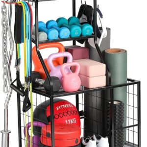 Weight Rack Home Gym Storage, Yoga Mat Storage Rack Workout Equipment Storage Rack for Dumbbells Kettlebell Resistance Band, Exercise Equipment Gym Rack Organizer with Wheel and Levelling Feet