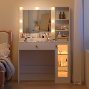 Small Vanity Desk with Mirror and Lights, Makeup Vanity Desk with Adjustable Brightness 3 Light Modes, RGB Storage Cabinet, Power Outlet, Drawer, Shelves, Vanity Table for Women Girls Bedroom