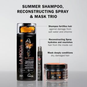 TRUSS La Moda Summer Hair Care Set – Includes Deep Conditioning Hair Mask, Reconstructing Spray & Shampoo – UV Protection & Hydration – Helps to Repair Sun, Salt Water & Chlorine Damage (3 Piece Set)