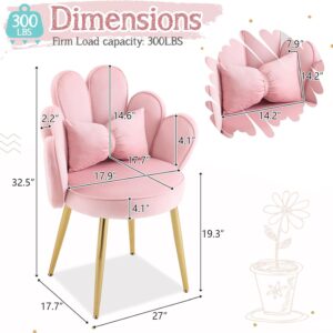VINGLI Petal Makeup Vanity Chair with Back,Flower Cute Girls Desk Chair Comfy No Wheels,Modern Dining Chair,Small Accent Chair with Adustable Gold Legs&Bow Pillow for Home Office,Bedroom,Velvet,Pink