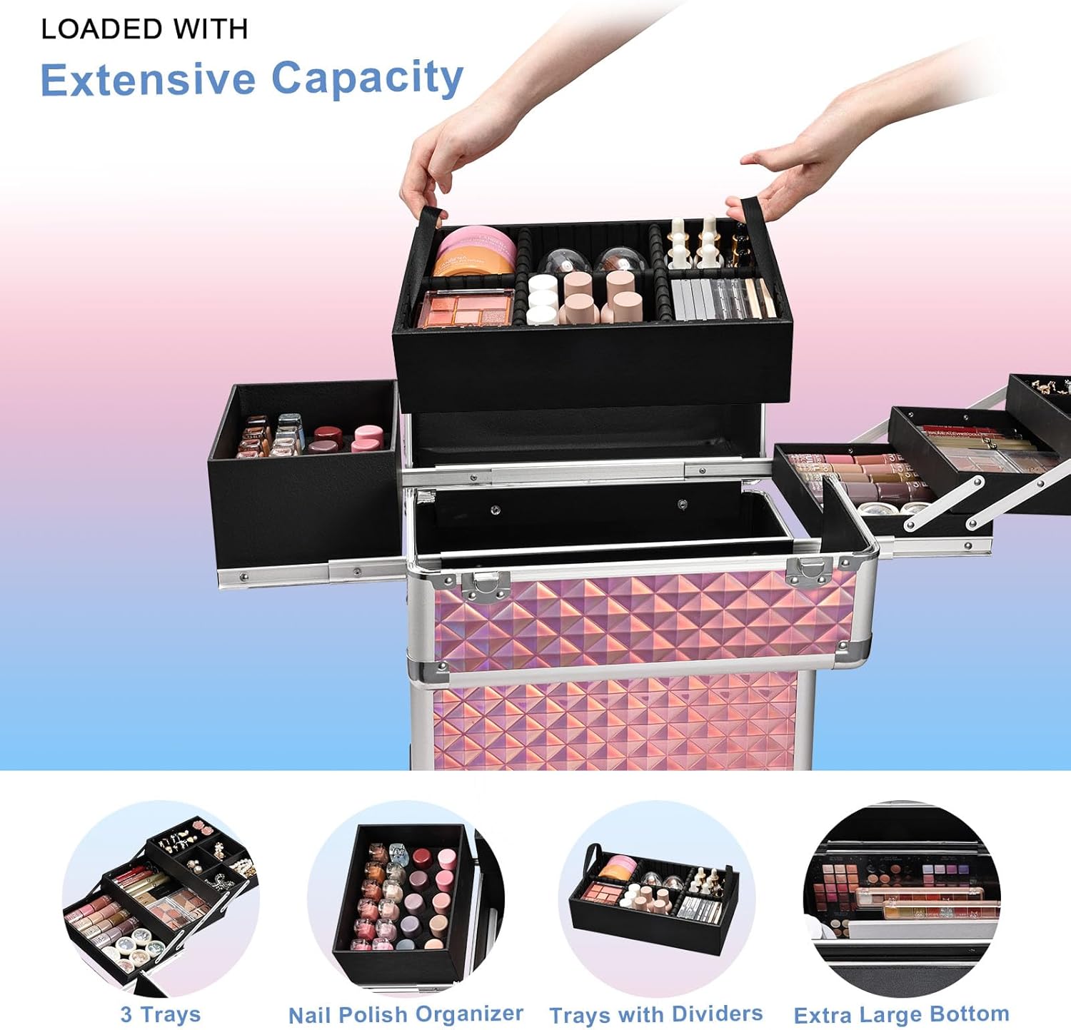 Stagiant Rolling Makeup Train Case Large Storage Cosmetic Trolley 4 Tray with Sliding Rail Removable Middle Layer with Key Swivel Wheels Salon Barber Case Traveling Cart Trunk - Image 3