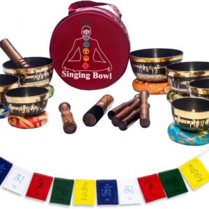 KHUSI Tibetan Singing Bowl Set of 7, Thadobati, Handcrafted, Mantra Engraved Singing Bowl for Yoga, Chakra healing, Relaxation, Stress Relief, Comes w/silk cushions, 7 sticks, Brocade Box