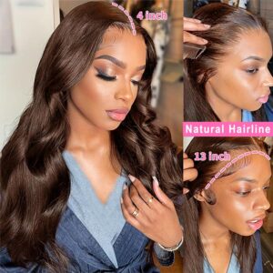 26 Inch Chocolate Brown Lace Front Wig Human Hair 13×4 Transparent Brown Body Wave Lace Front Wigs Human Hair Pre Plucked 250 Density HD Lace Wig Colored Frontal Wigs Human Hair for Women