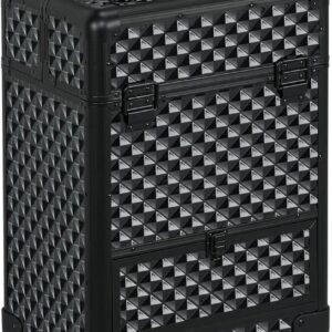 Yaheetech Rolling Makeup Train Case Aluminum Cosmetic Case with Wheels Barber Case Salon Lockable Travel Trolley with Sliding Drawers Removable Divider, Black/Red