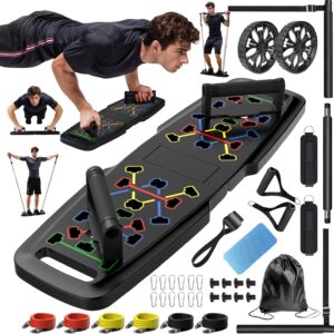 Push Up Board,Home Gym,Portable Exercise Equipment,Pilates Bar and 20 Fitness Accessories with Resistance Bands and Ab Roller Wheel,Full Body Workout at Home