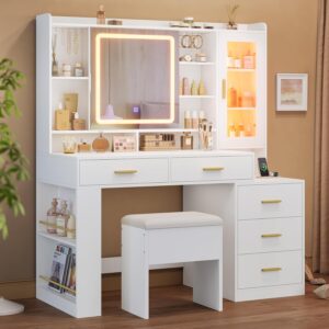 DICTAC Makeup Vanity Desk with Sliding LED Lighted Mirror, 47.2″W Large Vanity Desk with Drawers, Shelves and Side Storage, RGB Glass Cabinet, White Vanity Table Set with Charging Station for Bedroom