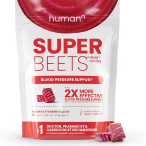 humanN SuperBeets Heart Chews, Nitric Oxide and Blood Pressure Support, Grape Seed Extract & Non-GMO Beet Root Powder Energy Supplement, Pomegranate Berry Flavor, 60 Count