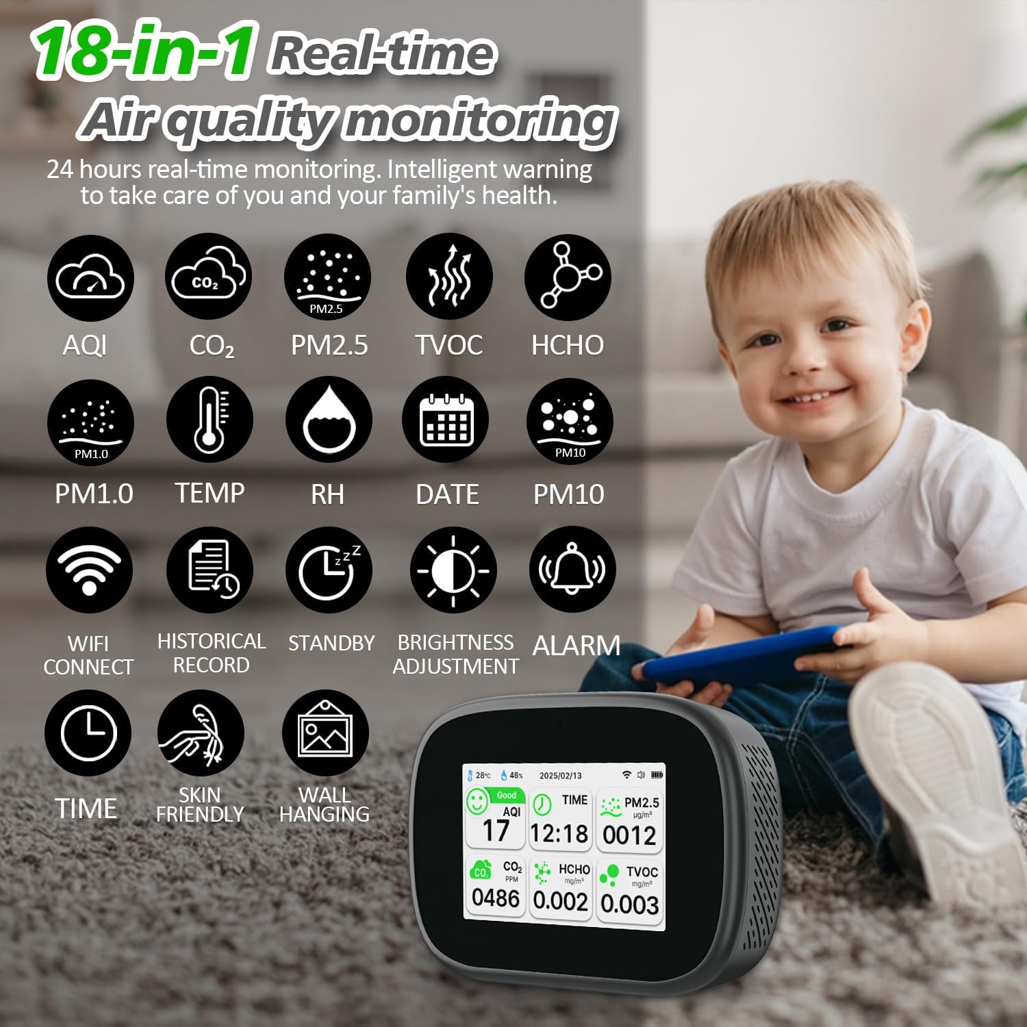 18-in-1 Smart Air Quality Monitor - Indoor WiFi Air Quality Detector with Dual Chip, Real-Time for AQI, CO2, PM2.5, PM1.0, PM10, TVOC, HCHO, Time Display, Temperature & Humidity with Aler (Black-W) - Image 2