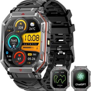 Military Smart Watch for Men with GPS/Compass，GPT Voice Assistant，Smartwatch with LED Flashlight，2.01″HD Display Bluetooth Call，Fitness Tracke with Multiple sports Modes，Compatible with Android & iOS