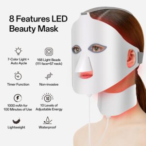 Red Light Therapy for Face and Neck – 7 Colors Red Light Mask, Facial Skin Care Device, Portable, Rechargeable and Ergonomic Design for Home