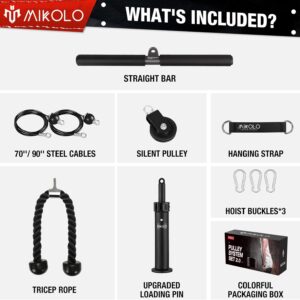 Mikolo Fitness LAT and Lift Pulley System, Dual Cable Machine(70” and 90”) with Upgraded Loading Pin for Triceps Pull Down, Biceps Curl, Back, Forearm, Shoulder-Home Gym Equipment(Patent)