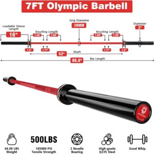 7ft Olympic Barbell, Weightlifting Barbell 28mm 45lb – 500/700/1000lbs Capacity with Smooth Spinning Sleeves, Olympic Bar Fits 2″ Olympic Plates, for Snatch Clean Jerk – Home Gym Training
