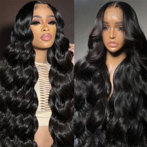 28 Inch 13×4 Lace Front Wigs Human Hair 200% Density Body Wave Lace Frontal Wigs Human Hair HD Transparent Lace Frontal Wigs Human Hair Glueless Wigs Pre Plucked with Baby Hair Natural Black For Women