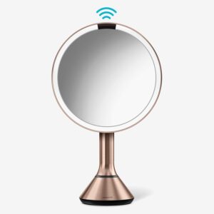 simplehuman Sensor Mirror, Lighted Makeup Mirror with Magnification (5X), 8″ Round Magnifying Vanity Mirror with Lights, Cordless, Rose Gold Stainless Steel
