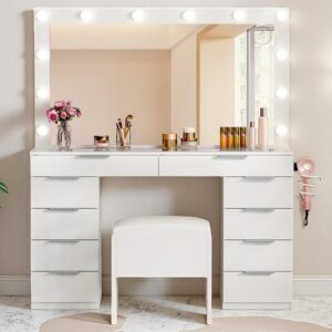 DWVO 46” Glass Top Makeup Vanity with 10 Drawers, Vanity Desk Set with Large LED Mirror, Built-in Charging Station & Cushioned Storage Chair, Dressing Table with 3-Color Light Modes, Cream White