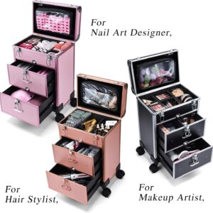 Adazzo Professional Rolling Makeup Train Case with Drawers, Large Cosmetic Trolley with Locks, Cosmetics Storage Organizer Make up Case for Travel Makeup/Nail Art/Hair Styling, Matte Black