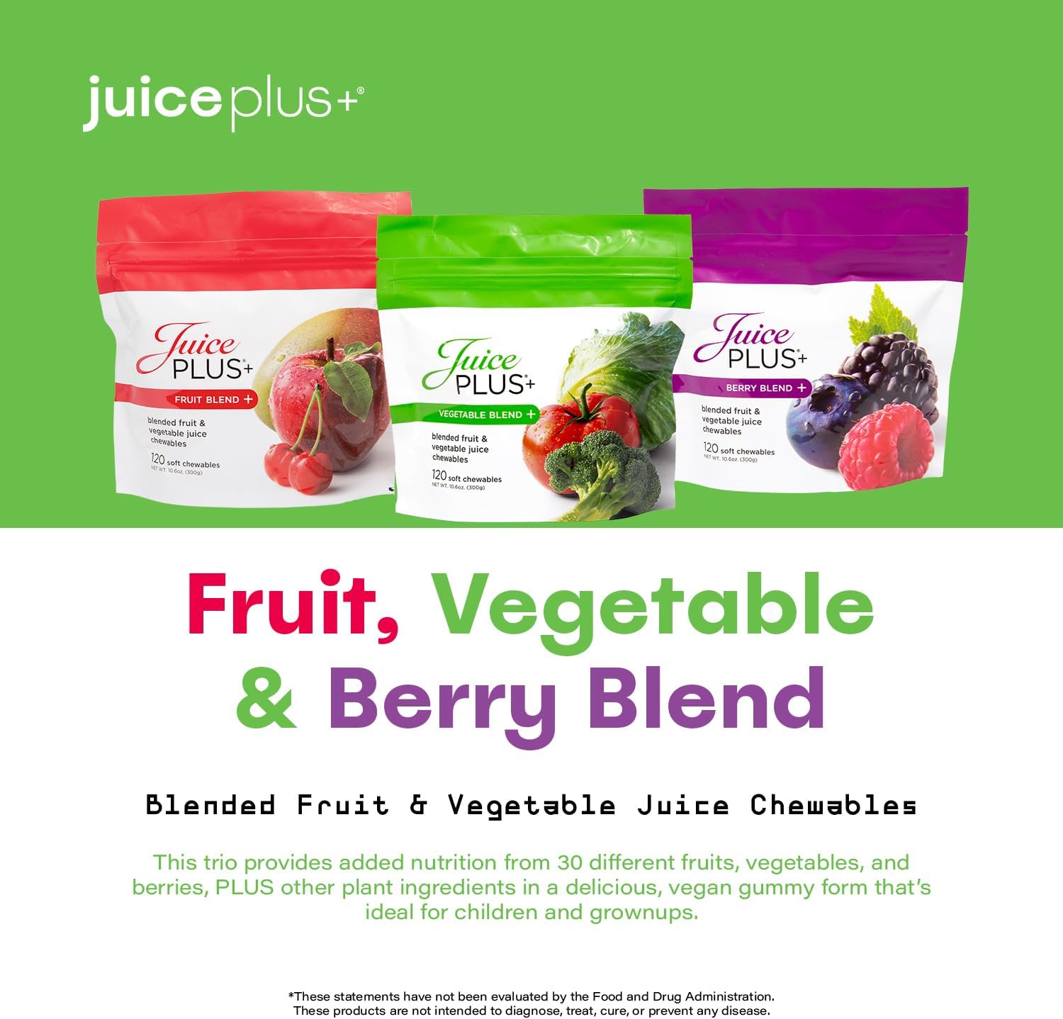 JuicePlus+ Fruit, Vegetable & Berry Blend Soft Chews (Chewables) - 30 Plant-Based Ingredients! Vegan Gummies for Kids & Adults - Gluten-Free, Non-GMO, No HFCS - Prepacked 3 pouches (30 Adult Servings Each) - Image 5