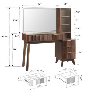 T4TREAM 48″ Fluted Makeup Vanity Desk with Large 36″ Mirror and Lights, Modern Glass Top Big Vanity Table w/5 Drawers & Adjustable Shelves, Dressing Table w/Charging Station for Bedroom, Dark Walnut