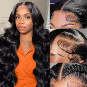 28 Inch 13×4 Lace Front Wigs Human Hair 200% Density Body Wave Lace Frontal Wigs Human Hair HD Transparent Lace Frontal Wigs Human Hair Glueless Wigs Pre Plucked with Baby Hair Natural Black For Women