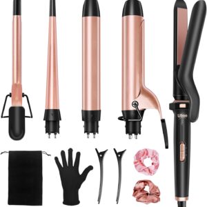 Ufree 5 in 1 Curling Iron with Interchangeable Ceramic Barrels (0.35″-1.25″), Curling Wand Set with Flat Iron Hair Straightener, Instant Heat Up, Dual Voltage Hair Curler, Gifts for Women
