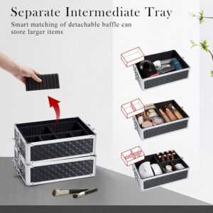 Adazzo 4 in 1 Rolling Makeup Case Cosmetic Train Case Trolley Roll Travel Box for Makeup Artist, Hairstylists, Nail Tech Makeup Cart with Key Swivel Wheels Barber Case Traveling Trunk Black