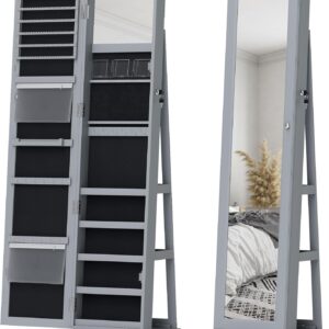 HOMCOM 360° Swivel Jewelry Cabinet, Lockable Jewelry Armoire Organizer with Full-Length Mirror, Back Storage Shelves, Interior Small Mirror, for Bedroom Living Room, Gray