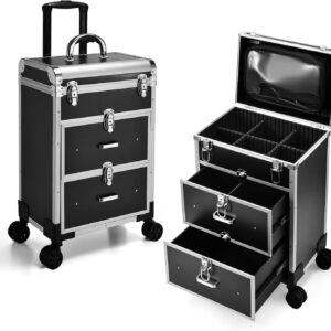 Adazzo Professional Rolling Makeup Train Case with Drawers, Large Cosmetic Trolley with Locks, Cosmetics Storage Organizer Make up Case for Travel Makeup/Nail Art/Hair Styling, Matte Black