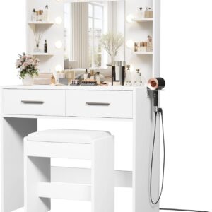 Furmax Make up Vanity Desk with Mirror and Power Outlet, Vanity with 3 Color Light Options Adjustable Brightness,Vanity Desk with 2 Drawers, 6 Storage Shelves (White, with Bench)