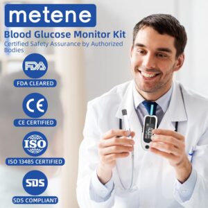 Metene S Blood Glucose Monitor Kit with 50 Glucometer Strips, 50 Lancets, 1 Blood Sugar Monitor, Diabetes Testing Kit with Control Solution, Lancing Device, No Coding, Glucometro Kit Completo