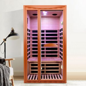 Double O’Guman Far Infrared Sauna – American White Oak Design, 2 Bluetooth Speakers & Colorful Lights, Ideal for Home Relaxation & Spa Sessions Enhance Circulation, Stress Relief, & Better Sleep