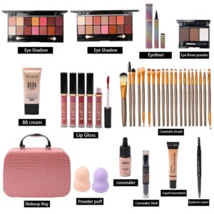 All in One Makeup Kit – 2X14 Eyeshadow Palette, Liquid Foundation, Eyeliner Pencils, Contouring Stick, 20pc Makeup Brushes (Pink)