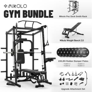 Mikolo All-in-One Smith Machine Home Gym with 230lbs Weight Plates, Power Cage with Cable Crossover, LAT Pulldown, Squat Rack & Adjustable Weight Bench