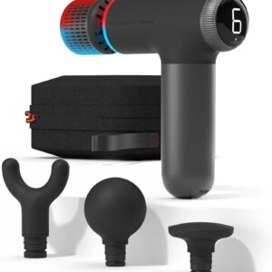 Sharper Image® Powerboost® Pro+ Hot & Cold Deep Tissue Massage Gun – 6 Speeds, 6 Attachments, 5-Hour Battery, Travel Case, Charging Base, Shoulder & Back Massager, Pain Relief Tool, Wellness Gift