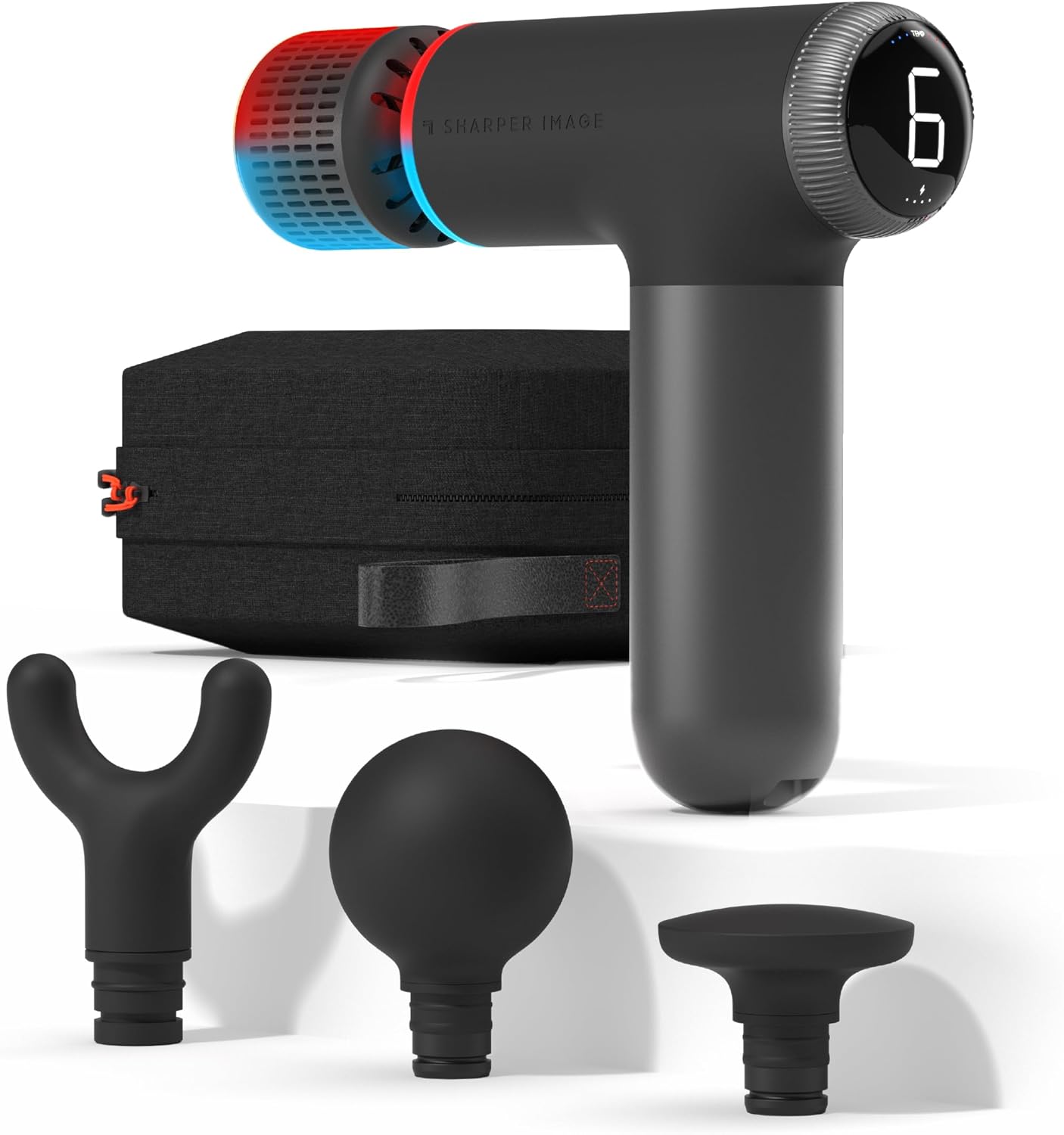 Sharper Image® Powerboost® Pro+ Hot & Cold Deep Tissue Massage Gun - 6 Speeds, 6 Attachments, 5-Hour Battery, Travel Case, Charging Base, Shoulder & Back Massager, Pain Relief Tool, Wellness Gift