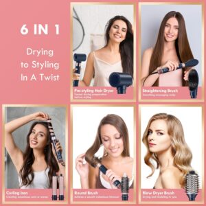 6 in 1 Air Styling Hair Styler, NDLT High Concentration of Negative Ions Hair Dryer, Blow Dryer Brush, Straightening Brush, Curling lron, Round Brush for Fast Drying Curling Straightening & Smoothing