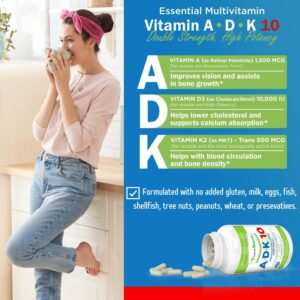 Power By Naturals ADK Vitamin Supplement – ADK 10 High Potency with Vitamins A, D3 10,000 IU & K2 MK7 for Superior Heart, Immune & Bone Health Support – 90 Capsules, 2 Pack (6-Month Supply)