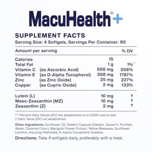 Macuhealth Plus+ Eye Vitamins Supplement for Adults – 90 Day Supply with Lutein, Zeaxanthin, and Meso-Zeaxanthin – Unflavored, Vitamin for Eyes