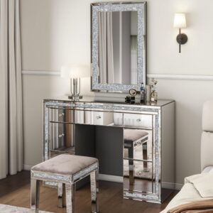 Mirrored Vanity Table 7-Drawer Makeup Desk with Glass Top, 31.9″ Silver Dressing Table for Bedroom, Bathroom, Makeup Room
