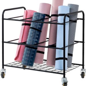 MyGift Professional Rolling Yoga Mat Holder Rack, Modern Industrial Matte Black Storage Organizer for Floor Workout Exercise Gym Mats with 4 Caster Wheels