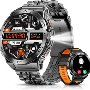 Military Smart Watches for Men with Bluetooth Call, 1.6″ AMOLED Waterproof Smartwatch with Flashlight, 116 Sport Modes, 600mAh Heart Rate/SpO2/Sleep Monitor Fitness Tracker for Android iOS