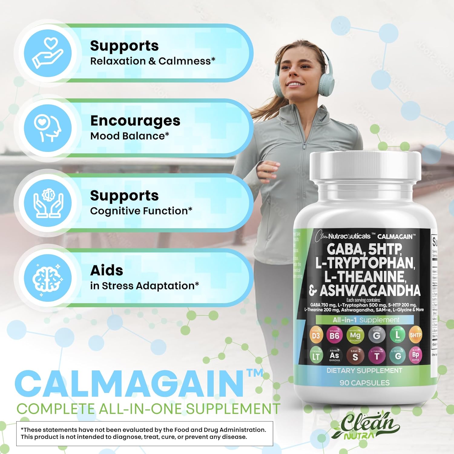 Clean Nutraceuticals GABA 750mg 5 HTP 200mg L Tryptophan 500mg L Theanine 200mg Ashwagandha SAM-e L-Glycine - Mood Support Vitamins for Women and Men with L-Tyrosine (90 Count (Pack of 3)) - Image 8
