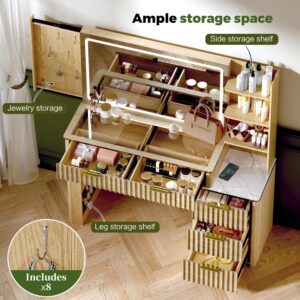 Modern Vanity Desk with Mirror and Lights, 49.2” Fluted Makeup Vanity Desk with 5 Drawers and Shelves,Dressing Table with Glass Top and Power Outlet for Bedroom,Natural Oak1