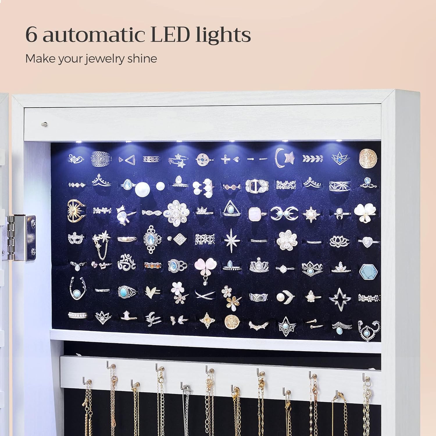 SONGMICS 6 LEDs Mirror Jewelry Cabinet, 47.2-Inch Tall Lockable Wall or Door Mounted Jewelry Armoire Organizer with Mirror, 2 Drawers, 3.9 x 14.6 x 47.2 Inches, White UJJC93W - Image 4