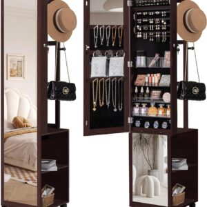 8 LEDs Jewelry Cabinet Armoire, 64.8-inch Jewelry Organizer with Garment Rack, Lockable Full-length Mirror with 4 Wheels, Storage Shelves with Hooks, 5-in-1, Brown JC17019B